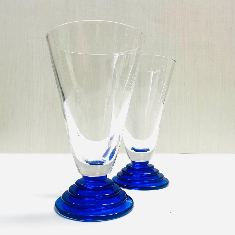 Pair Cristal Art Deco Cobalt Blue Footed Pilsner Glasses Barware Glassware AS IS